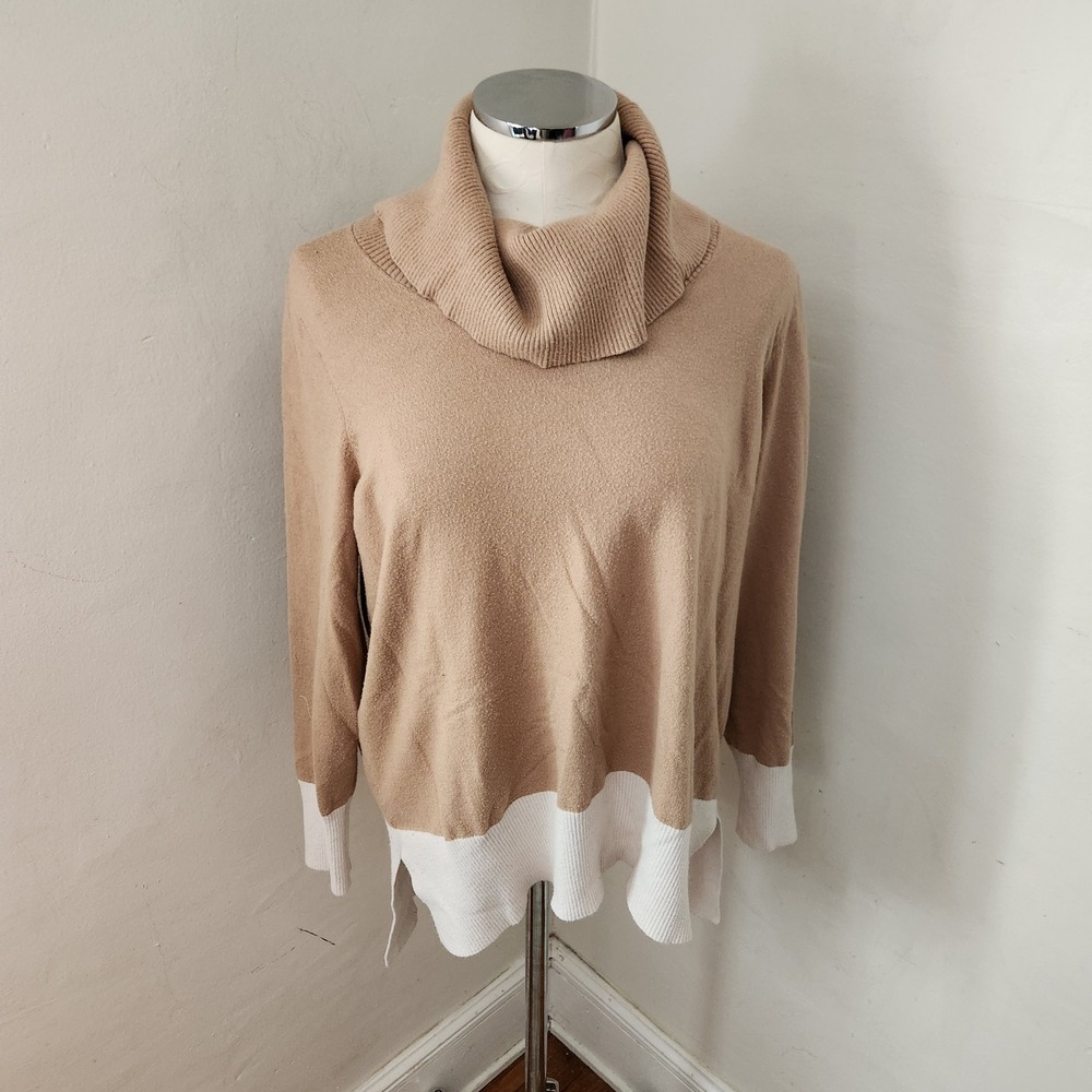 Ady P Women 1X Cowl Neck Colorblock Knit Sweater Tan Cream